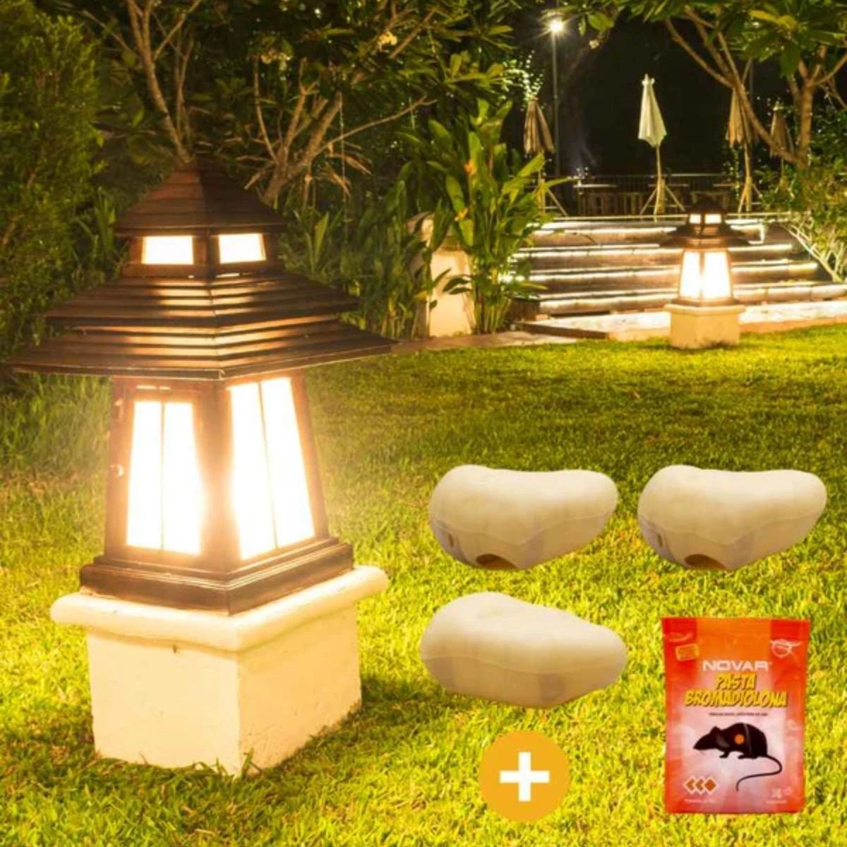 estações com isco em formato pedra no jardim