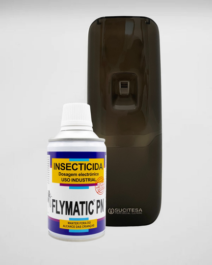 inseticida FlyMatic e doseador preto contra moscas