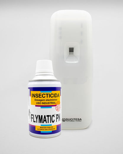 inseticida FlyMatic e doseador branco contra moscas